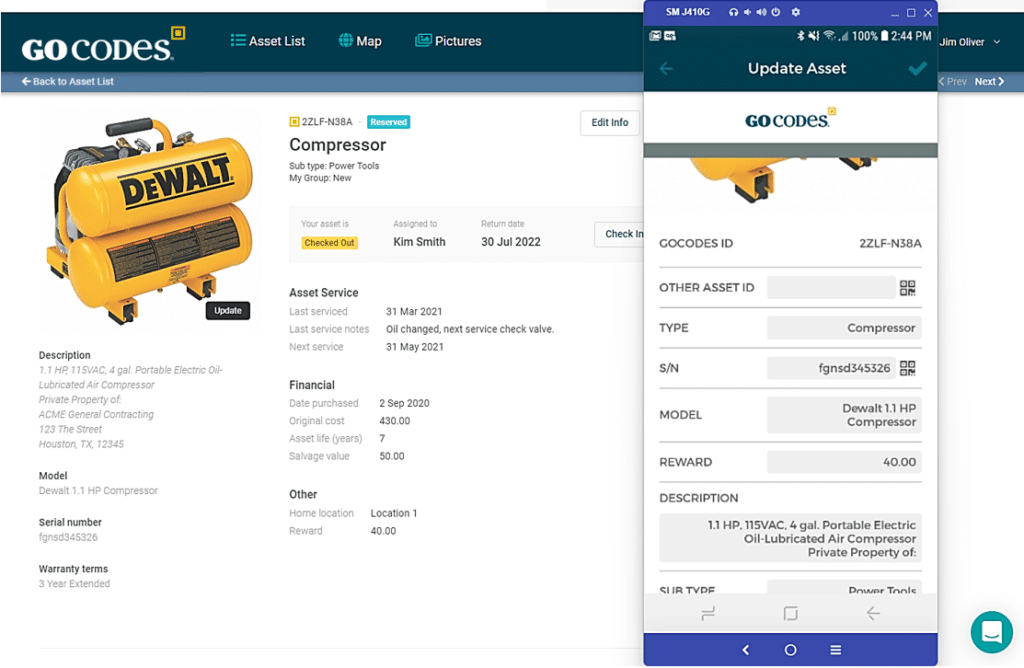 GoCodes Asset Tracking dashboard