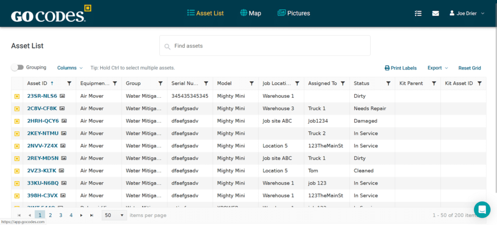 GoCodes Asset Tracking dashboard