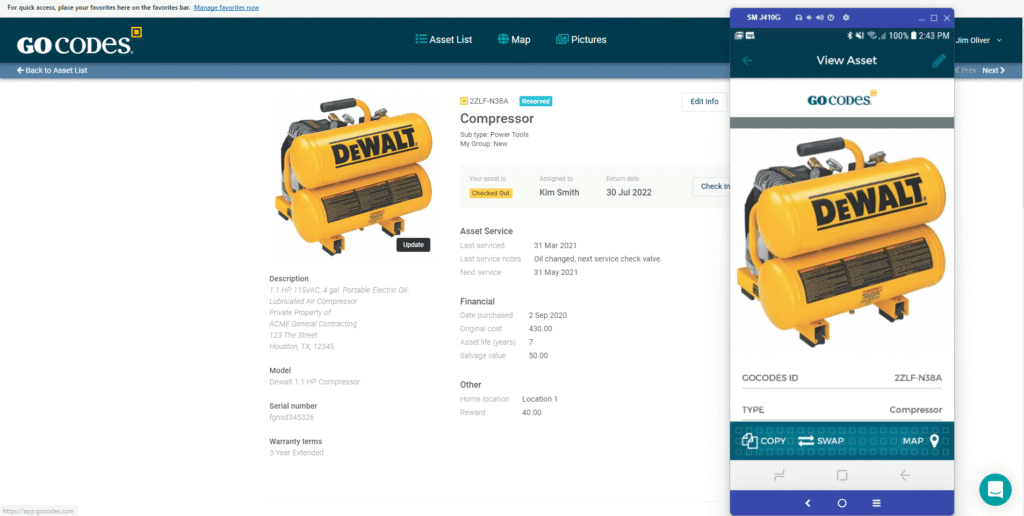 GoCodes Asset Tracking dashboard