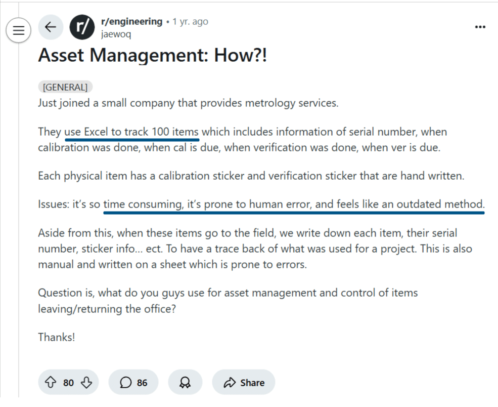 Reddit post discussing the inefficiencies and errors in using Excel for tracking calibration and inventory