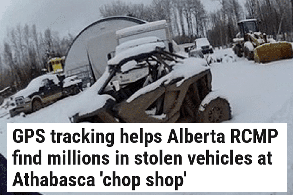 News article headline "GPS tracking helps Alberta RCMP find millions in stolen vehicles at Athabasca 'chop shop'"