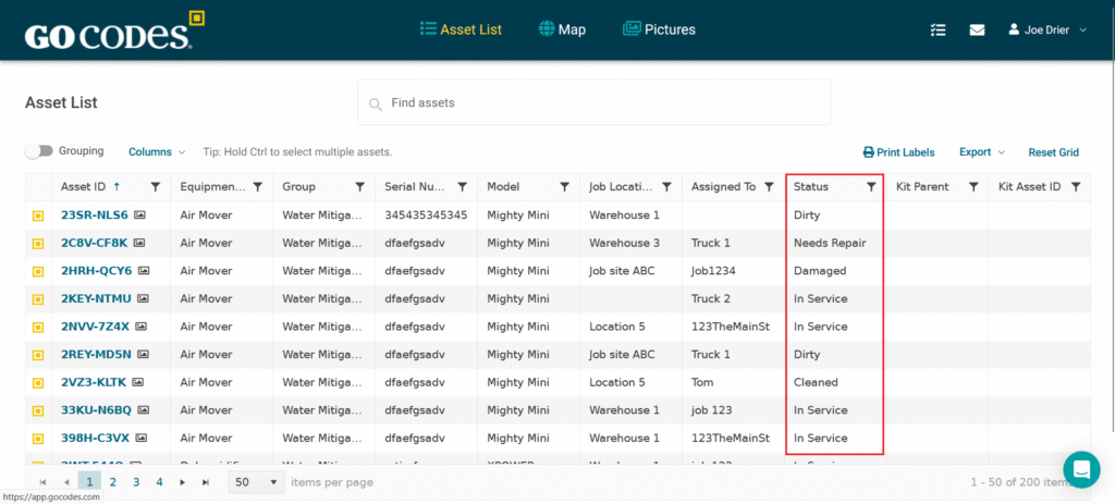 GoCodes Asset Tracking dashboard
