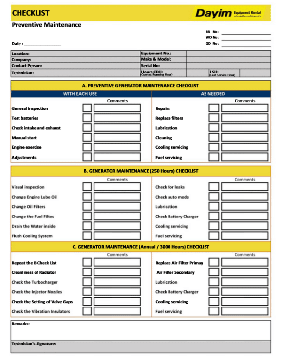 Calameo preventive maintenance  checklist
