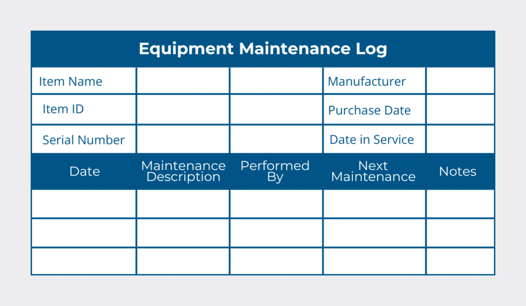 Blank template of an equipment maintenance log with fields