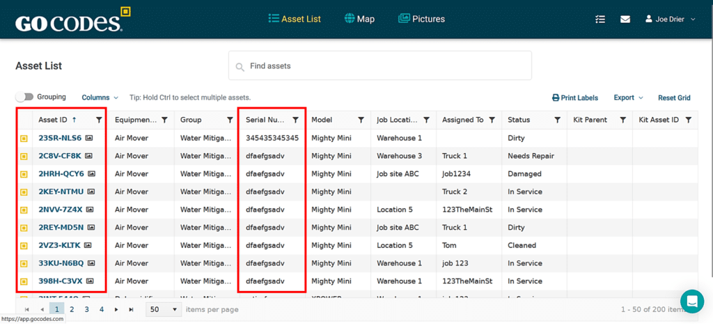 GoCodes Asset Tracking dashboard