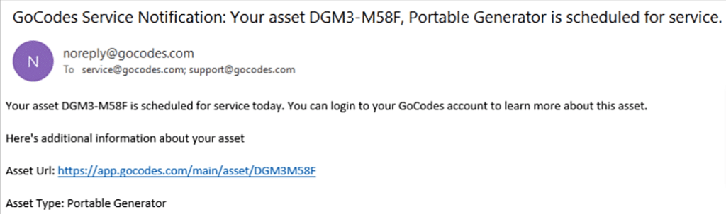 Screenshot of an email notification from GoCodes Asset Tracking informing the user that the asset DGM3-M58F, a portable generator, is scheduled for service, with a clickable asset URL provided