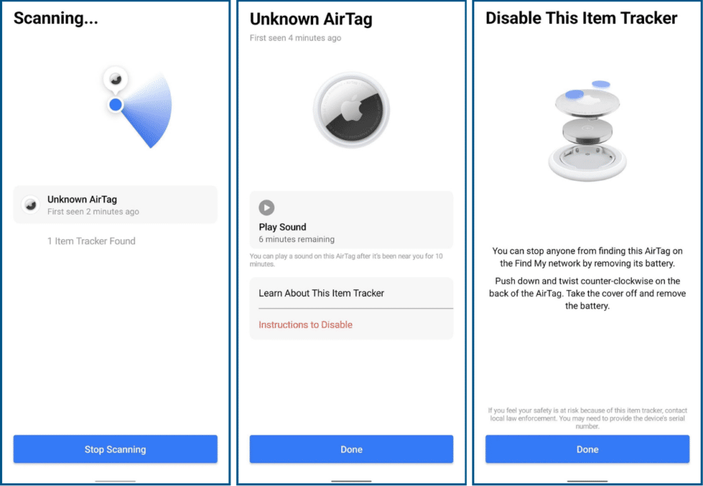 Screenshots of an app detecting an unknown AirTag, providing tracking info and instructions to disable it