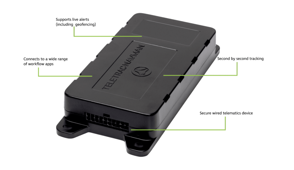 Teletrac Navman GPS tracking device with labeled features including secure mounting and wired connection