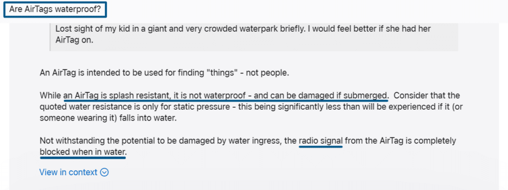 FAQ section explaining AirTags are splash-resistant but not waterproof and radio signal is blocked in water