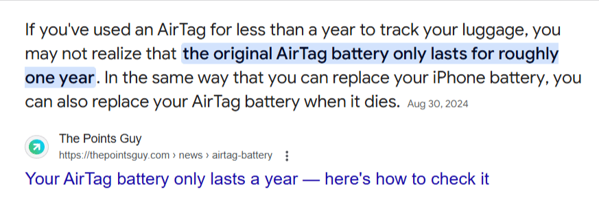 Google search snippet stating the original AirTag battery lasts for roughly one year