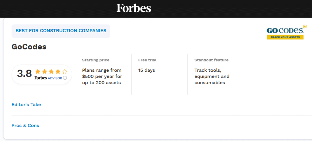 Forbes review rating GoCodes Asset Tracking